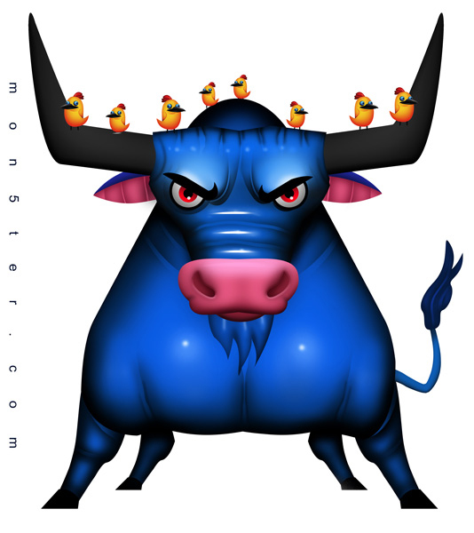 Angry blue bull with a flock of yellow birds purched on his horns.