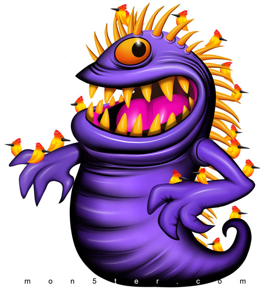 Image of a menacing purple cyclops slug monster with a single glowing eye, sharp white teeth, and yellow claws extended, poised to strike