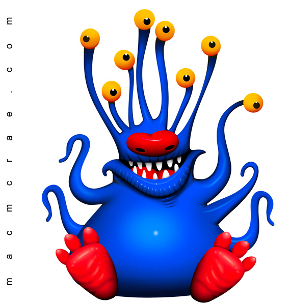 blue blob monster with red feet and 8 yellow eyes