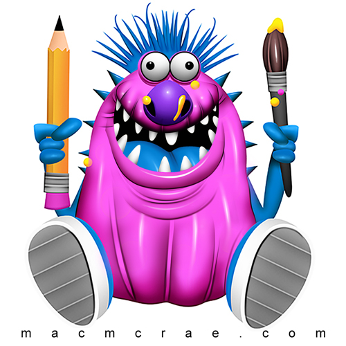 Pink Artist Monster smiling with a paint brush and a pencil