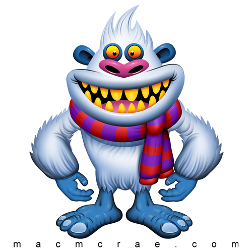 This is an illustration of a happy yeti bigfoot with yellow teeth and blue feet and a pink heart shaped nose