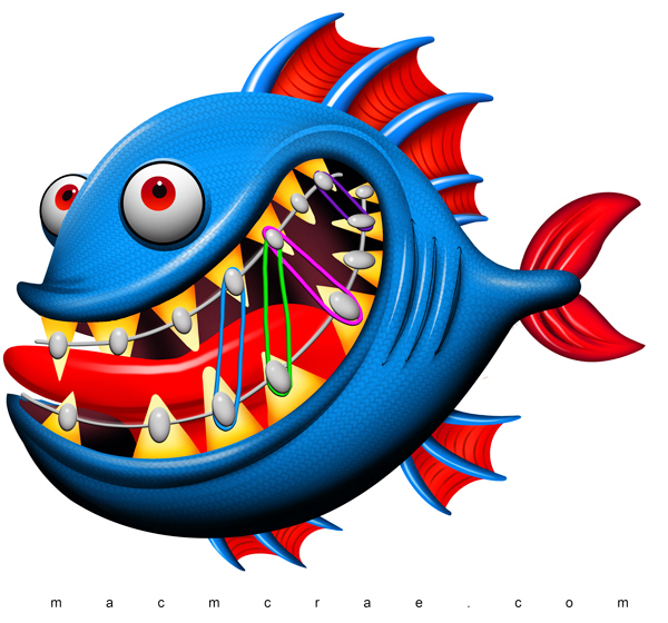 Icky Blue Fish with shiny red lips and sharp teeth with braces