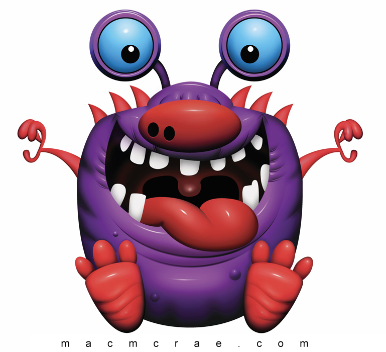 Purple Monster Sitting with red feet and blue eyes on stalks
